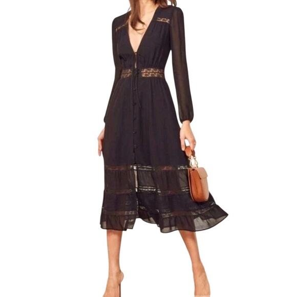 Reformation Imogen Lace Midi Dress Size 8 Long Sleeve Chiffon Deep V Neck Dark - Picture 1 of 14